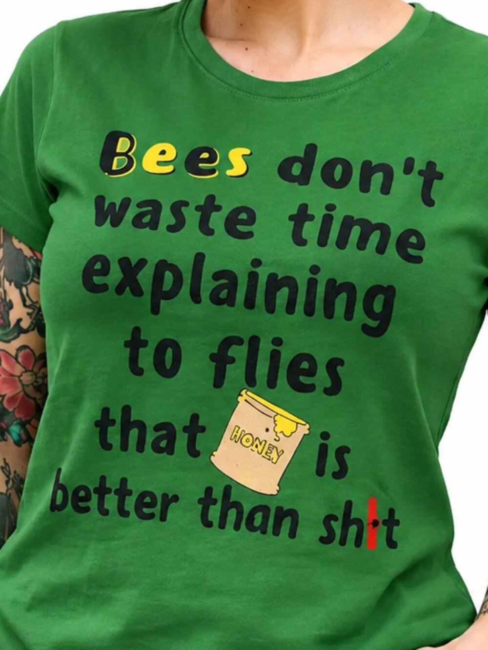 Medium Cotton Women’s Green Bees Don’t Waste Time Funny Quote Graphic T-Shirt